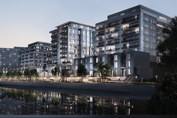 Riverfront community rendering for The Metalworks in downtown Guelph