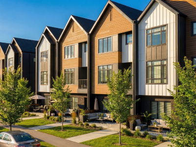 Residential streetscape and new homes in Alpine Park Calgary