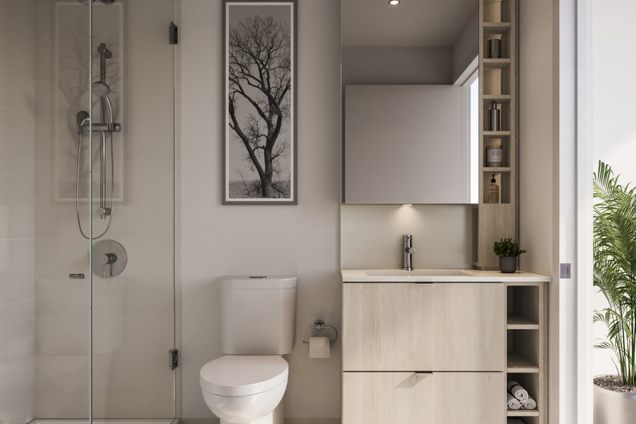 M6 bathroom finish with contemporary vanity and tile