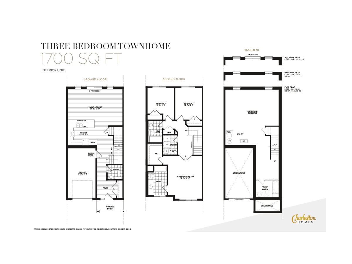 Three Bedroom Townhome | Interior Unit by Charleston Homes floor plan