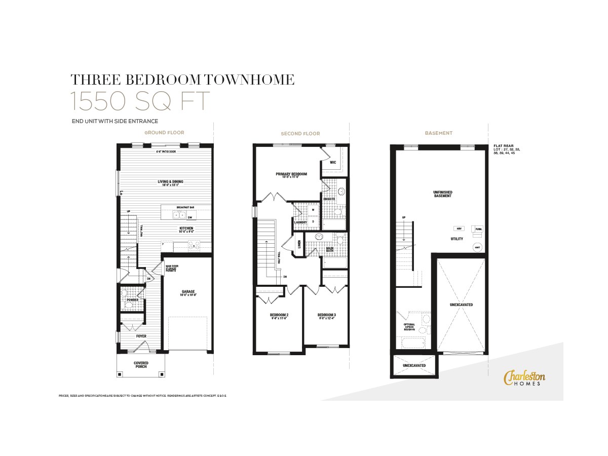Three Bedroom Townhome | End w/ Side Entry by Charleston Homes floor plan