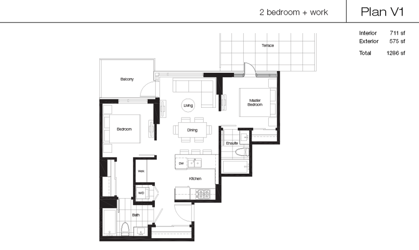 V1 floor plan at Lido by Bosa Properties in Vancouver, British Columbia