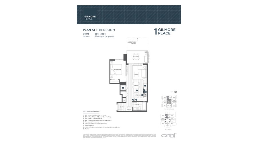 Tower 1 A1 floor plan at Gilmore Place by Onni Group in Burnaby, British Columbia