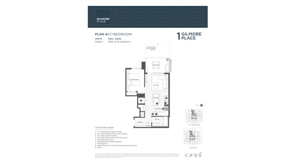 The Tower 1 A1 new home model plan at the Gilmore Place by Onni Group in Burnaby