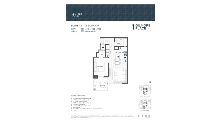 Tower 1 A3 floor plan at Gilmore Place by Onni Group in Burnaby, British Columbia