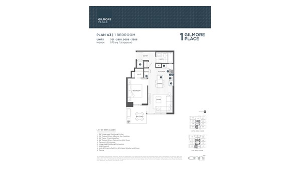 The Tower 1 A3 new home model plan at the Gilmore Place by Onni Group in Burnaby