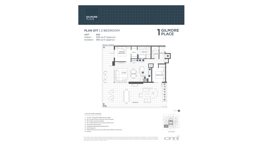 Tower 1 D1T floor plan at Gilmore Place by Onni Group in Burnaby, British Columbia