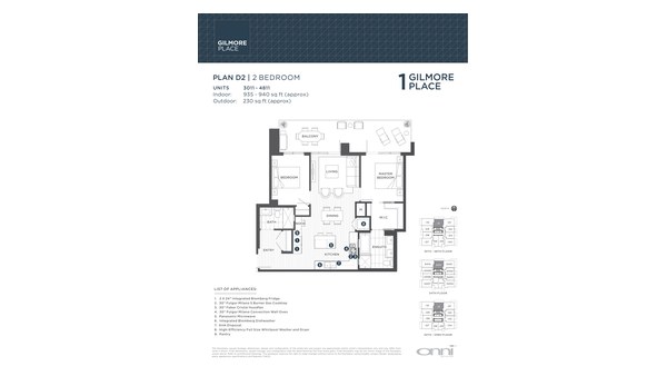 The Tower 1 D2 new home model plan at the Gilmore Place by Onni Group in Burnaby