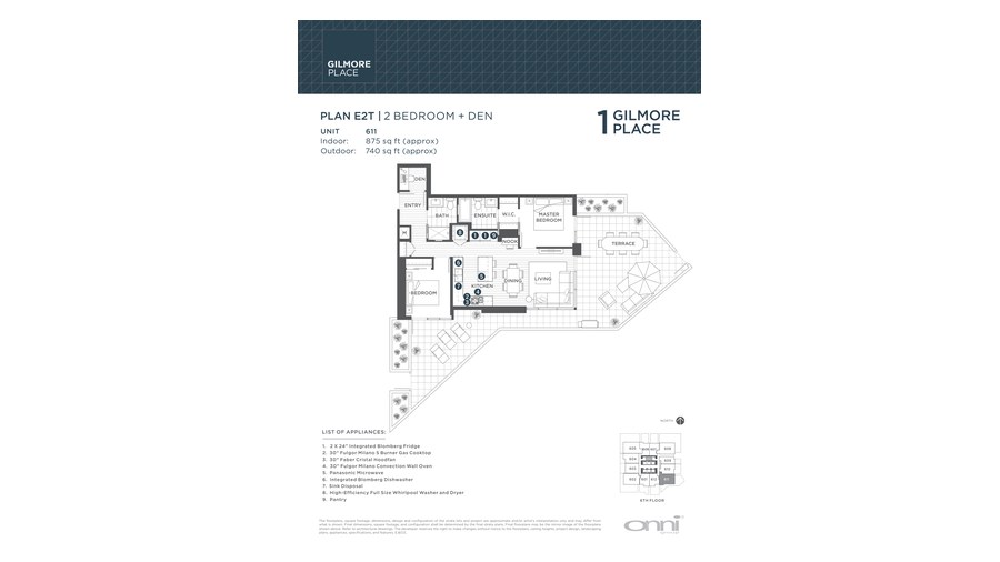 Tower 1 E2T floor plan at Gilmore Place by Onni Group in Burnaby, British Columbia