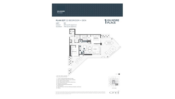 The Tower 1 E2T new home model plan at the Gilmore Place by Onni Group in Burnaby