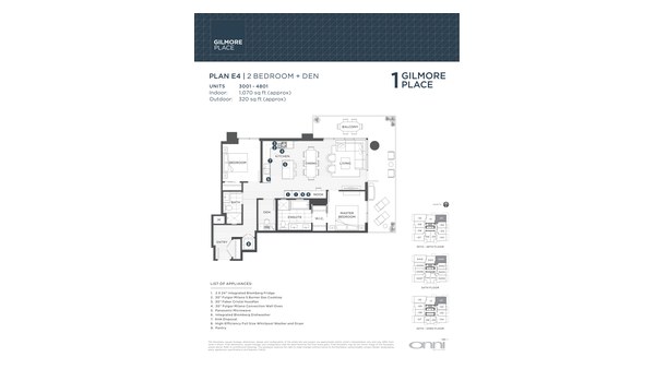 The Tower 1 E4 new home model plan at the Gilmore Place by Onni Group in Burnaby