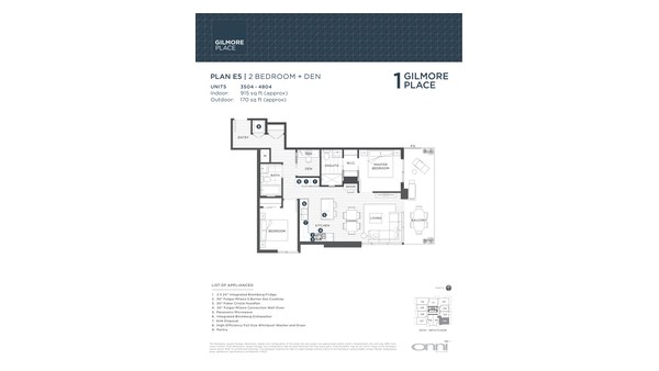 The Tower 1 E5 new home model plan at the Gilmore Place by Onni Group in Burnaby