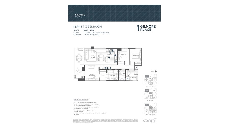 Tower 1 F floor plan at Gilmore Place by Onni Group in Burnaby, British Columbia