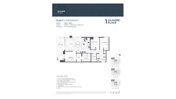 The Tower 1 F new home model plan at the Gilmore Place by Onni Group in Burnaby