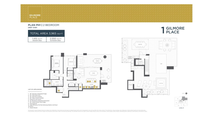 Tower 1 PH1 floor plan at Gilmore Place by Onni Group in Burnaby, British Columbia