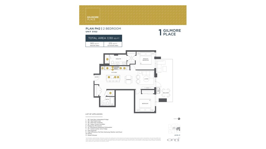 Tower 1 PH2 floor plan at Gilmore Place by Onni Group in Burnaby, British Columbia