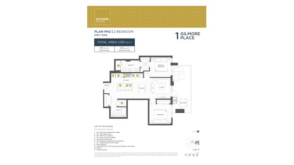 The Tower 1 PH2 new home model plan at the Gilmore Place by Onni Group in Burnaby