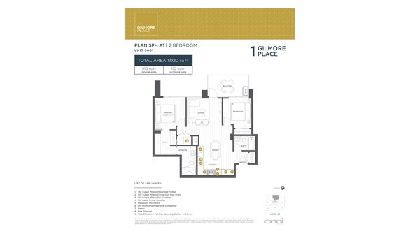 The Tower 1 SPH A1 new home model plan at the Gilmore Place by Onni Group in Burnaby