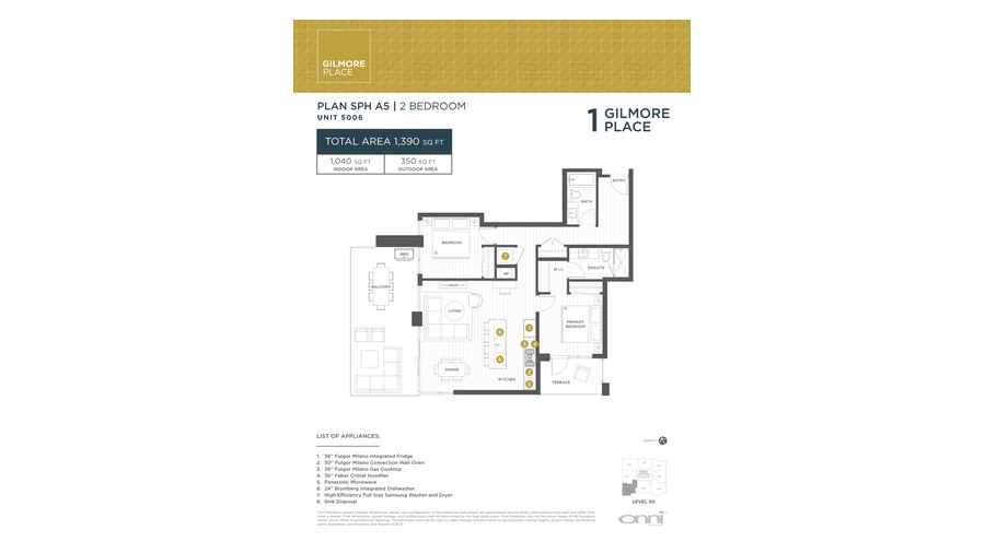 Tower 1 SPH A5 floor plan at Gilmore Place by Onni Group in Burnaby, British Columbia