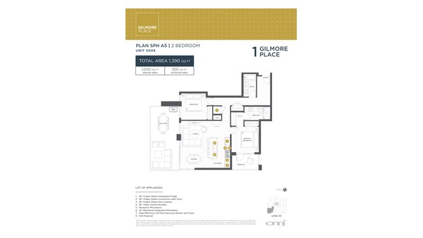 The Tower 1 SPH A5 new home model plan at the Gilmore Place by Onni Group in Burnaby