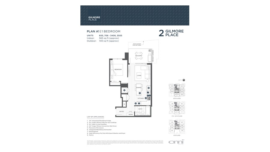 Tower 2 A1 floor plan at Gilmore Place by Onni Group in Burnaby, British Columbia