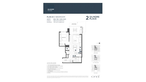 The Tower 2 A1 new home model plan at the Gilmore Place by Onni Group in Burnaby