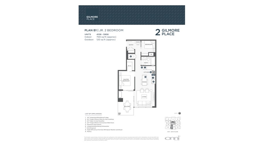 Tower 2 B1 floor plan at Gilmore Place by Onni Group in Burnaby, British Columbia