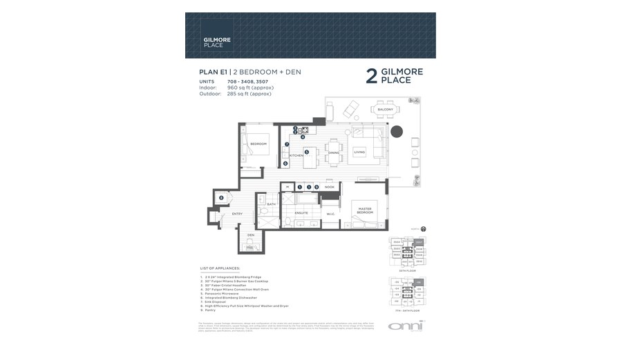 Tower 2 E1 floor plan at Gilmore Place by Onni Group in Burnaby, British Columbia