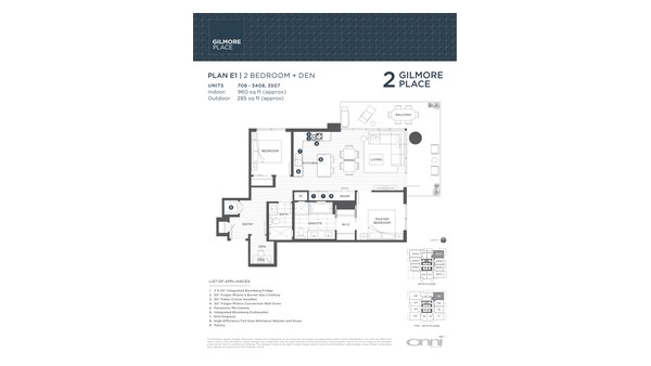The Tower 2 E1 new home model plan at the Gilmore Place by Onni Group in Burnaby
