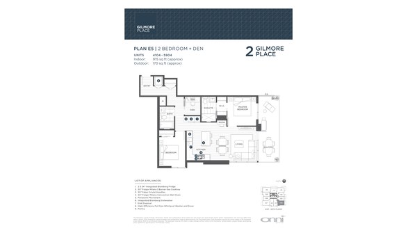 The Tower 2 E5 new home model plan at the Gilmore Place by Onni Group in Burnaby