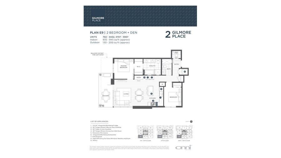 Tower 2 E9 floor plan at Gilmore Place by Onni Group in Burnaby, British Columbia
