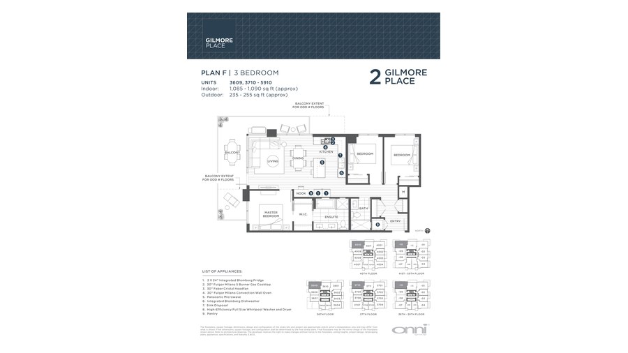 Tower 2 F floor plan at Gilmore Place by Onni Group in Burnaby, British Columbia