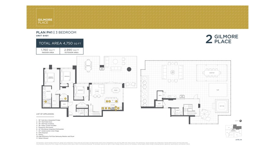 Tower 2 PH1 floor plan at Gilmore Place by Onni Group in Burnaby, British Columbia