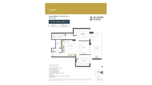 The Tower 2 PH2 new home model plan at the Gilmore Place by Onni Group in Burnaby
