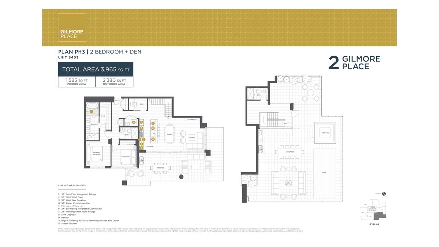 Tower 2 PH3 floor plan at Gilmore Place by Onni Group in Burnaby, British Columbia