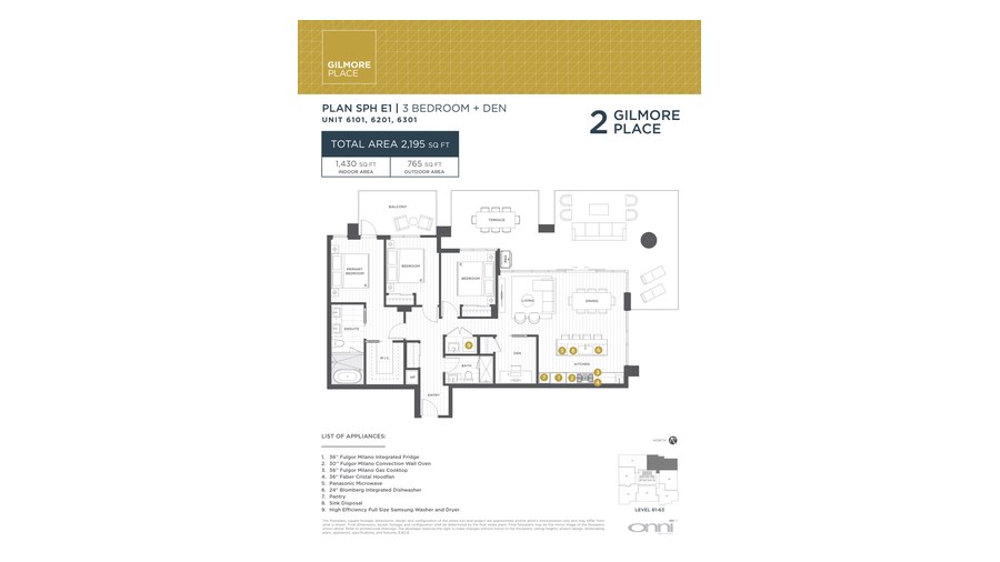 Tower 2 SPH E1 floor plan at Gilmore Place by Onni Group in Burnaby, British Columbia