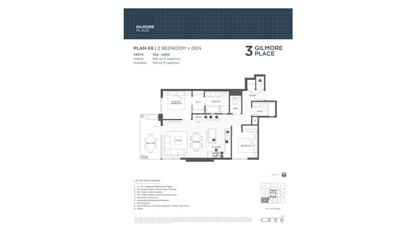 The Tower 3 E8 new home model plan at the Gilmore Place by Onni Group in Burnaby