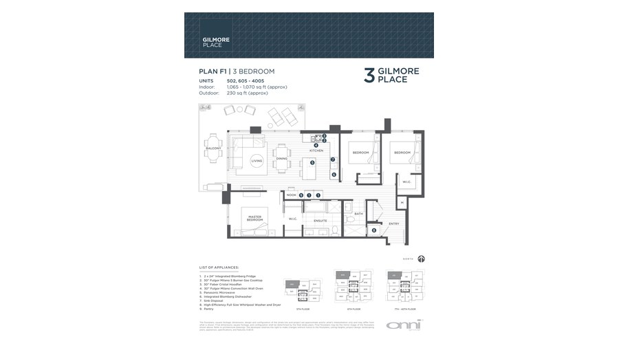 Tower 3 F1 floor plan at Gilmore Place by Onni Group in Burnaby, British Columbia