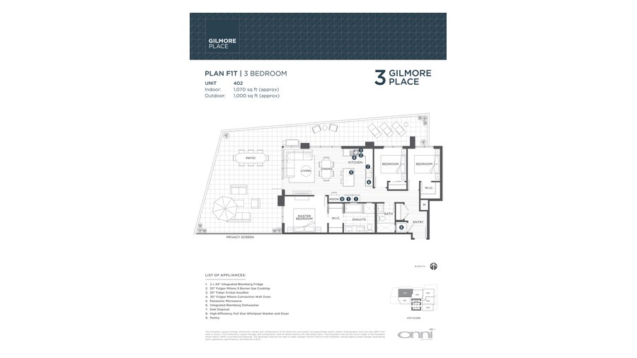 Tower 3 F1T floor plan at Gilmore Place by Onni Group in Burnaby, British Columbia