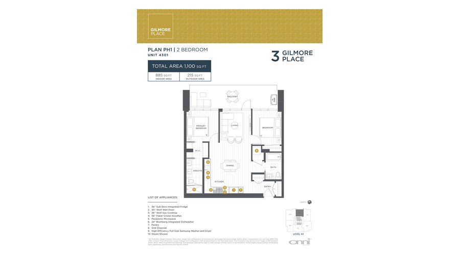 Tower 3 PH1 floor plan at Gilmore Place by Onni Group in Burnaby, British Columbia