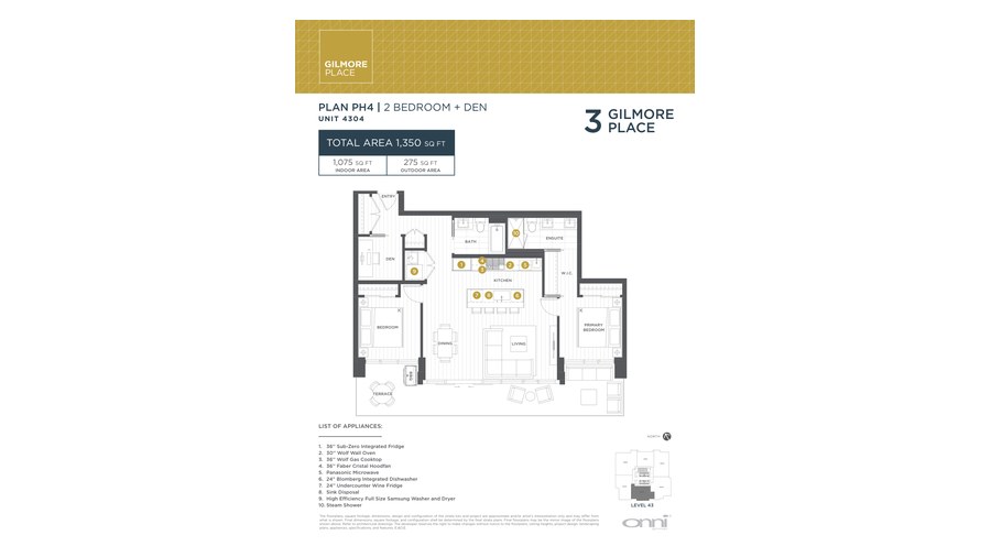 Tower 3 PH4 floor plan at Gilmore Place by Onni Group in Burnaby, British Columbia